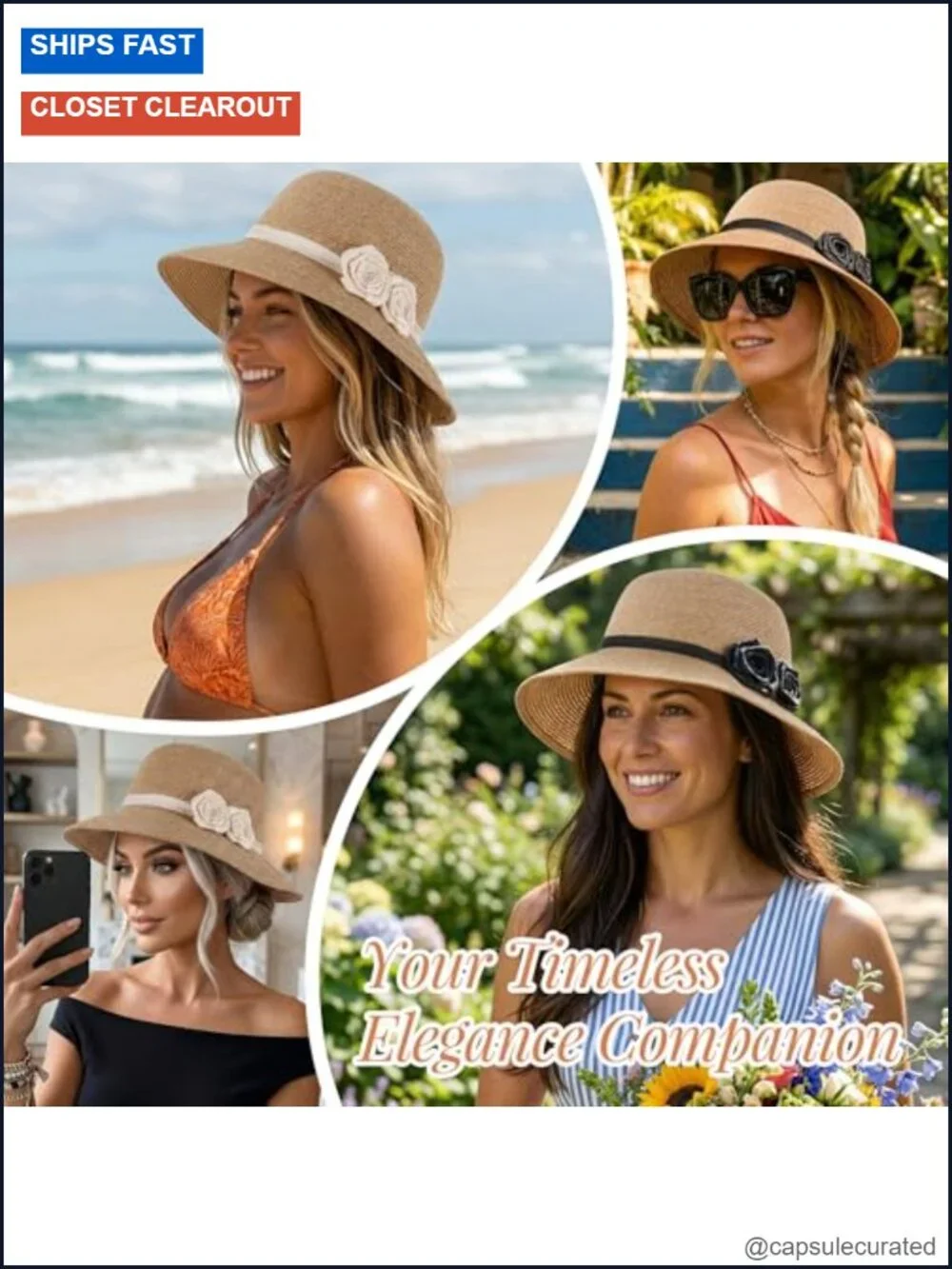 Elegant Straw Sun Hat with Handmade Crochet Flowers Wide Brim Fedora UPF